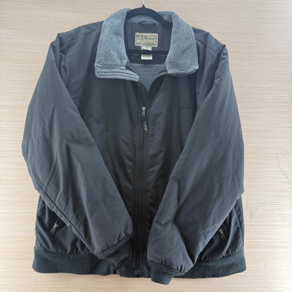 LL Bean Bomber Jacket Mens Large Black Fleece Lined Nylon warm-Up‎ Full Zip